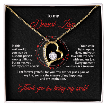To My Dearest Love, “Thank You for Being My World” Forever Love Necklace from Husband